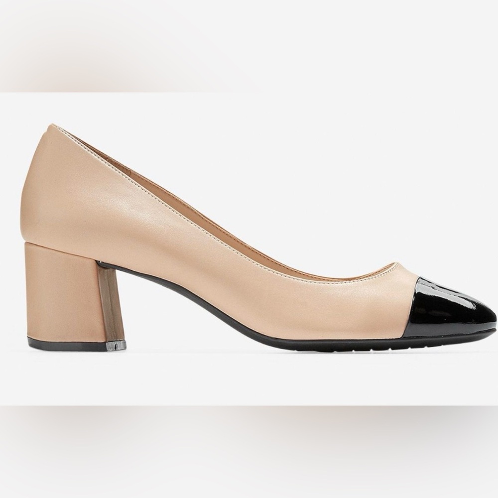 Elegant Beige Block Heel Pumps with black patent toe